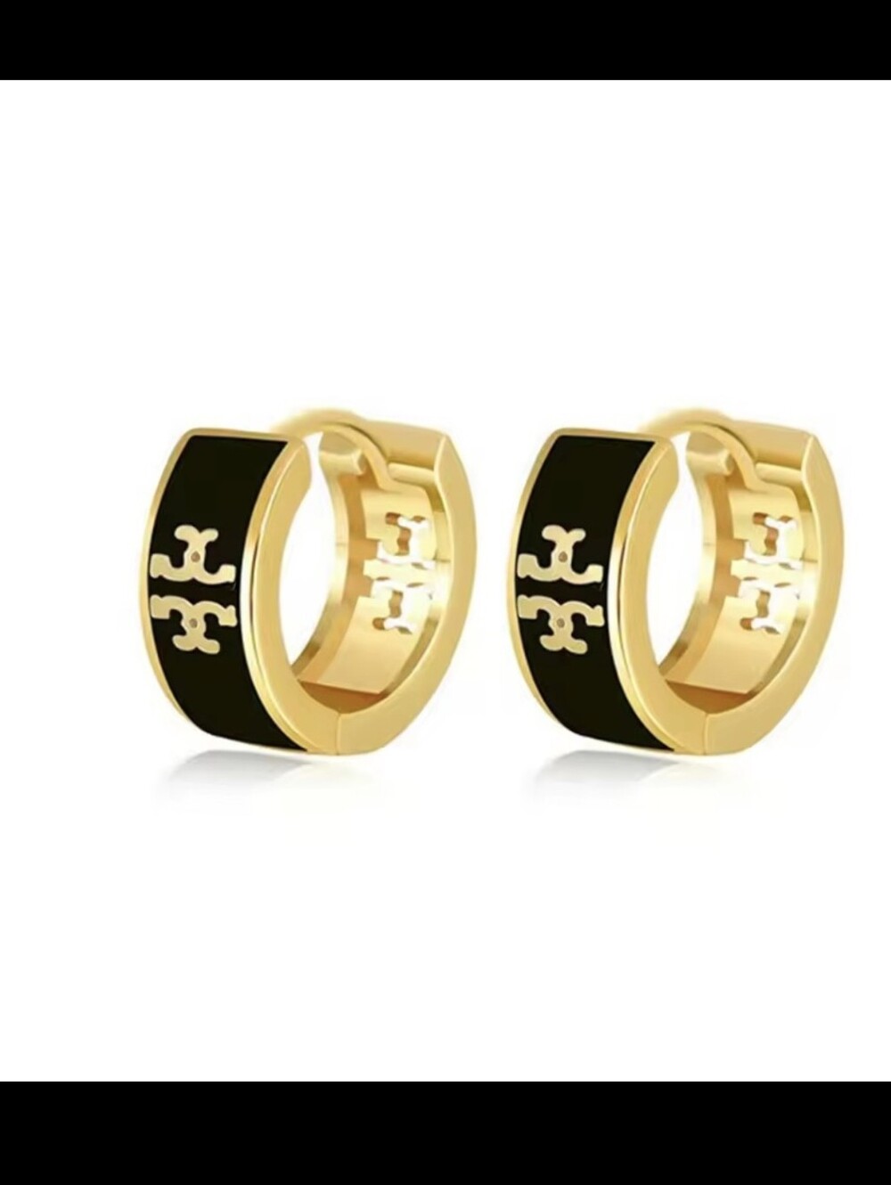 Stainless St Gold and Black Hoop Earrings with Logo Accent